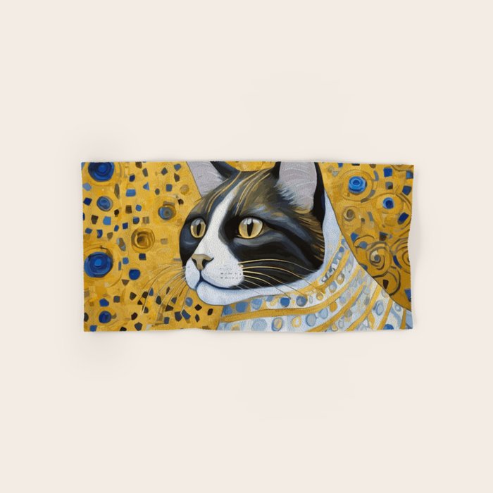 Gustav Klimt Style Tuxedo Cat with Striped Coat Bath Towel Gallery Image 1