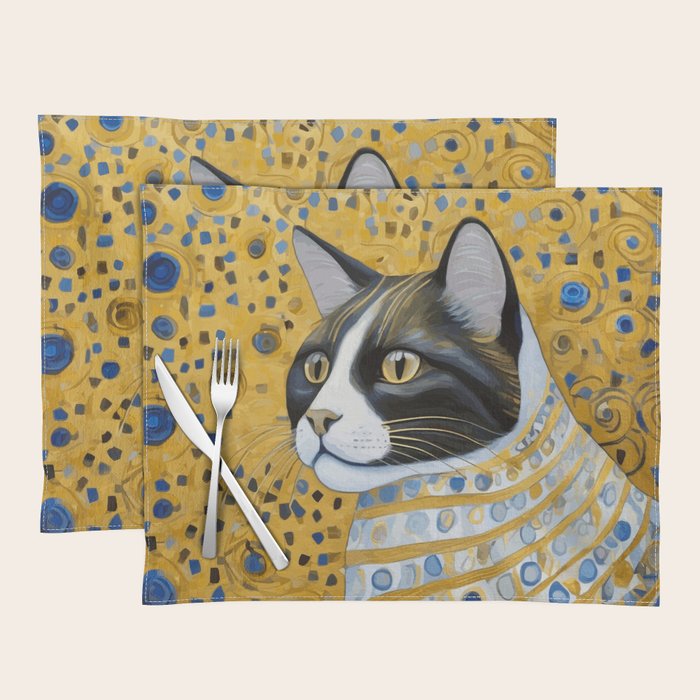 Gustav Klimt Style Tuxedo Cat with Striped Coat Placemat Gallery Image 1