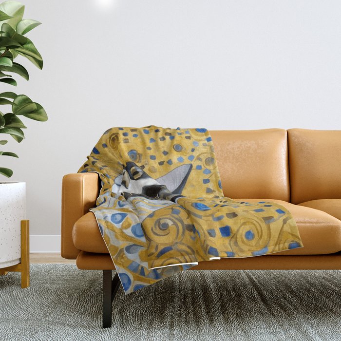 Gustav Klimt Style Tuxedo Cat with Striped Coat Throw Blanket Gallery Image 1