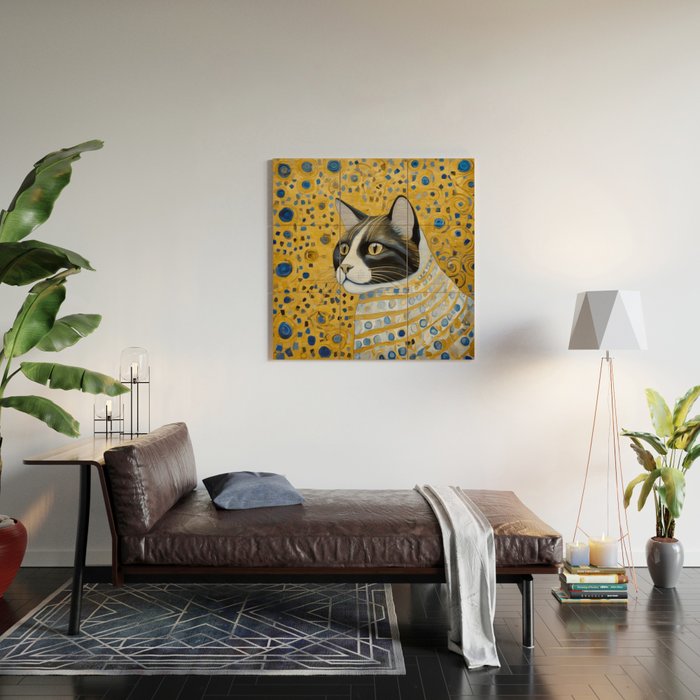 Gustav Klimt Style Tuxedo Cat with Striped Coat Wood Wall Art Gallery Image 2