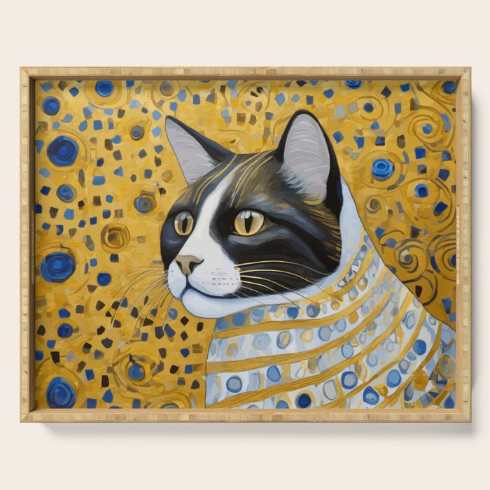 Gustav Klimt Style Tuxedo Cat with Striped Coat Serving Tray Gallery Image 1