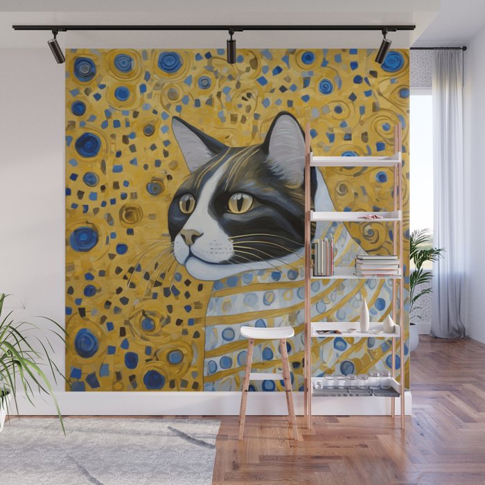 Gustav Klimt Style Tuxedo Cat with Striped Coat Wall Mural Gallery Image 1