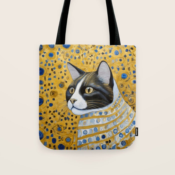 Gustav Klimt Style Tuxedo Cat with Striped Coat Tote Bag Gallery Image 1