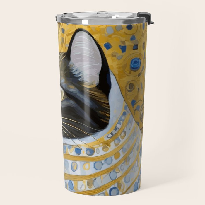 Gustav Klimt Style Tuxedo Cat with Striped Coat Travel Mug Gallery Image 2