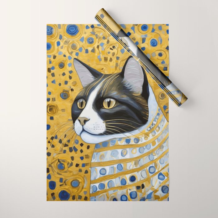 Gustav Klimt Style Tuxedo Cat with Striped Coat Wrapping Paper Gallery Image 1