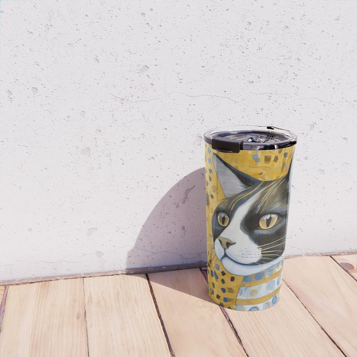 Gustav Klimt Style Tuxedo Cat with Striped Coat Travel Mug Gallery Image 4