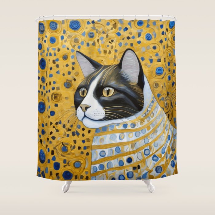 Gustav Klimt Style Tuxedo Cat with Striped Coat Shower Curtain Gallery Image 1