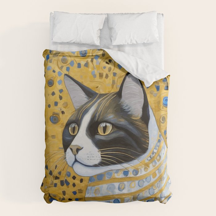 Gustav Klimt Style Tuxedo Cat with Striped Coat Duvet Cover Gallery Image 1
