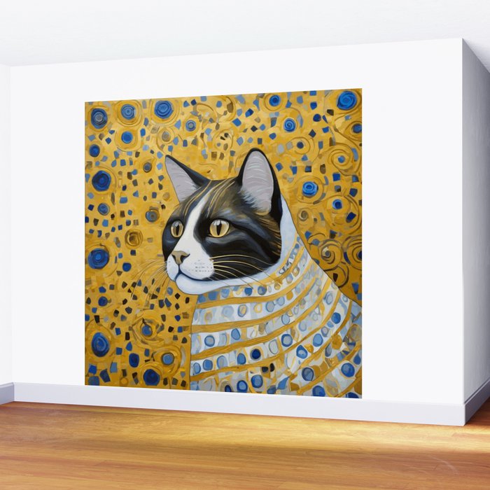 Gustav Klimt Style Tuxedo Cat with Striped Coat Wall Mural Gallery Image 2
