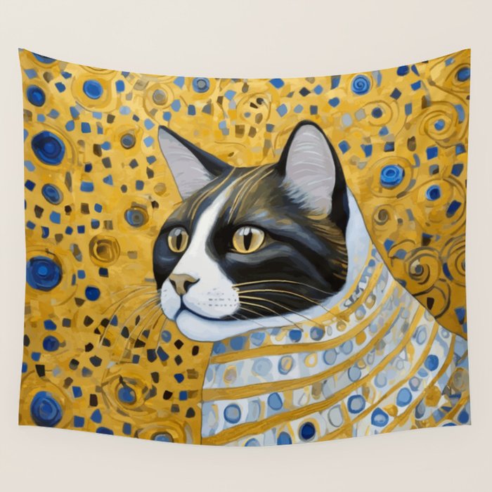 Gustav Klimt Style Tuxedo Cat with Striped Coat Wall Tapestry Gallery Image 4