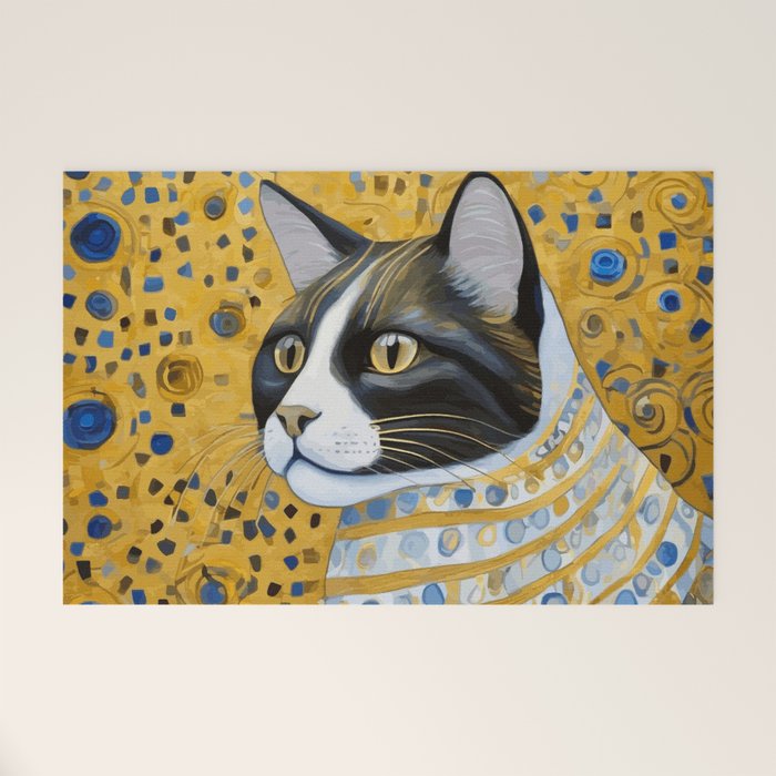 Gustav Klimt Style Tuxedo Cat with Striped Coat Welcome Mat Gallery Image 1