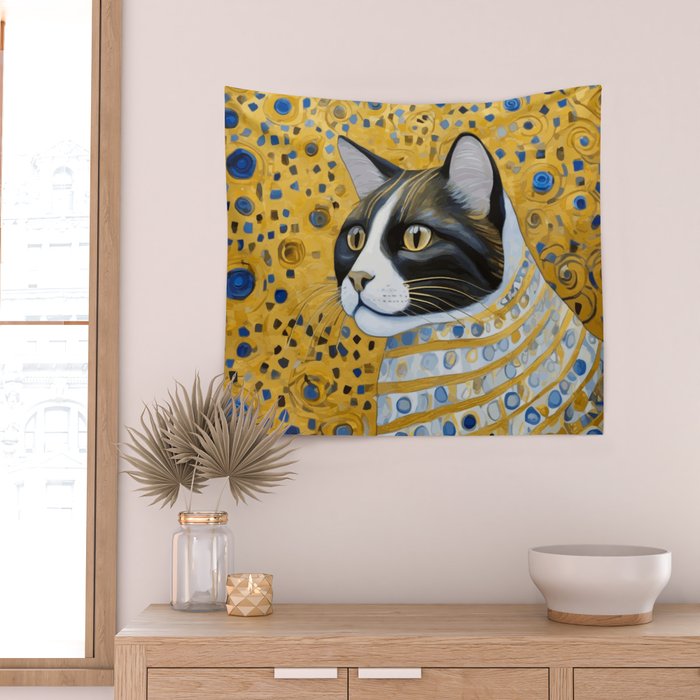 Gustav Klimt Style Tuxedo Cat with Striped Coat Wall Tapestry Gallery Image 2