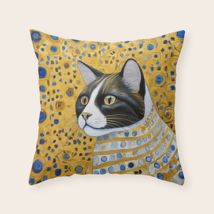 Gustav Klimt Style Tuxedo Cat with Striped Coat Throw Pillow Gallery Image 6
