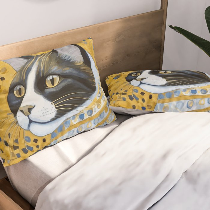 Gustav Klimt Style Tuxedo Cat with Striped Coat Pillow Sham Gallery Image 2