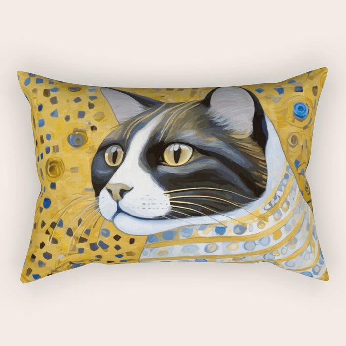Gustav Klimt Style Tuxedo Cat with Striped Coat Rectangular Pillow Gallery Image 1
