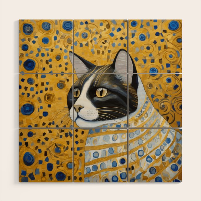 Gustav Klimt Style Tuxedo Cat with Striped Coat Wood Wall Art Gallery Image 1