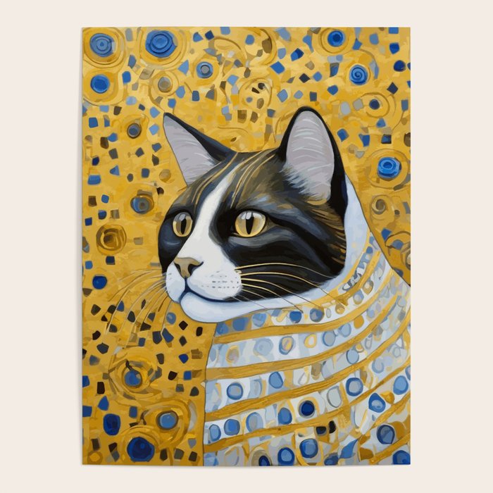 Gustav Klimt Style Tuxedo Cat with Striped Coat Poster Gallery Image 4