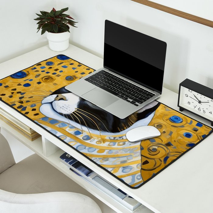 Gustav Klimt Style Tuxedo Cat with Striped Coat Desk Mat Gallery Image 2