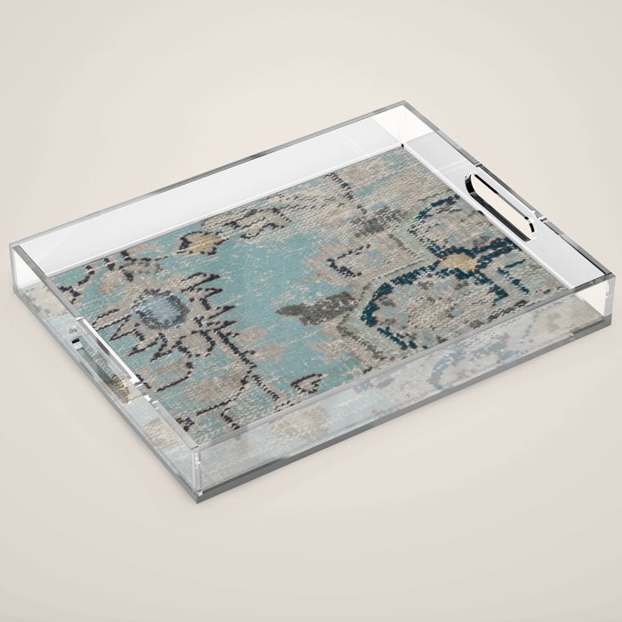Aqua and Gray Vintage Kilim Square Acrylic Tray Gallery Image 1