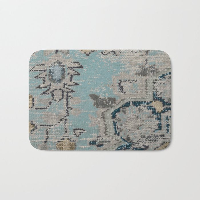 Aqua and Gray Vintage Kilim Square Bath Mat Gallery Image 1