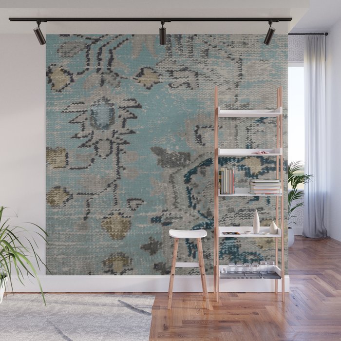 Aqua and Gray Vintage Kilim Square Wall Mural Gallery Image 1