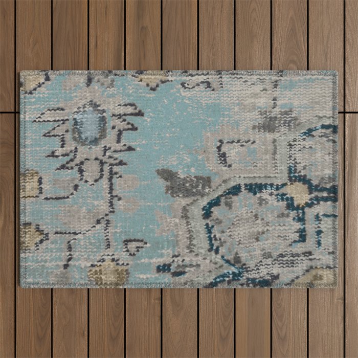 Aqua and Gray Vintage Kilim Square Outdoor Rug Gallery Image 1