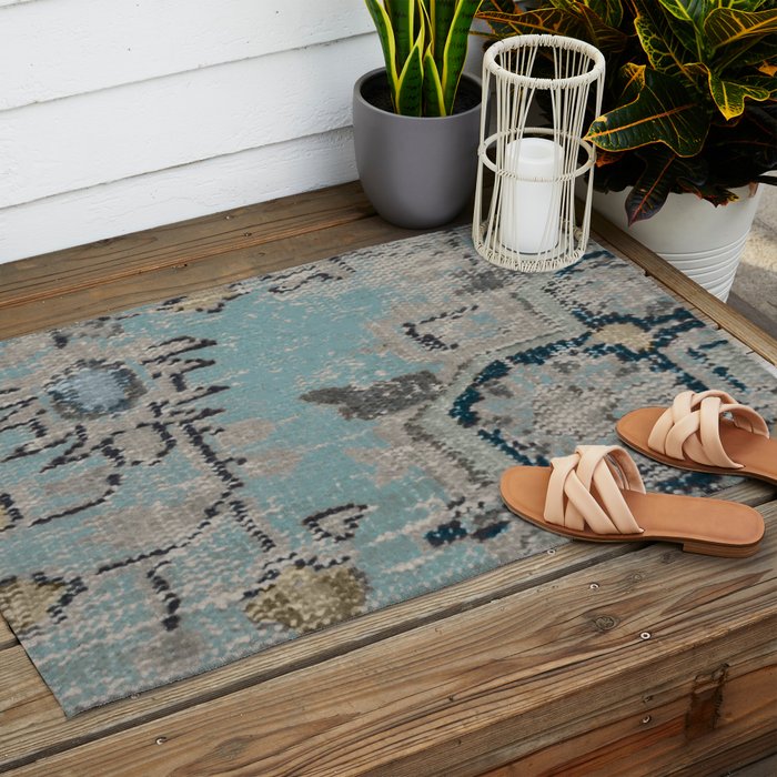 Aqua and Gray Vintage Kilim Square Outdoor Rug Gallery Image 2