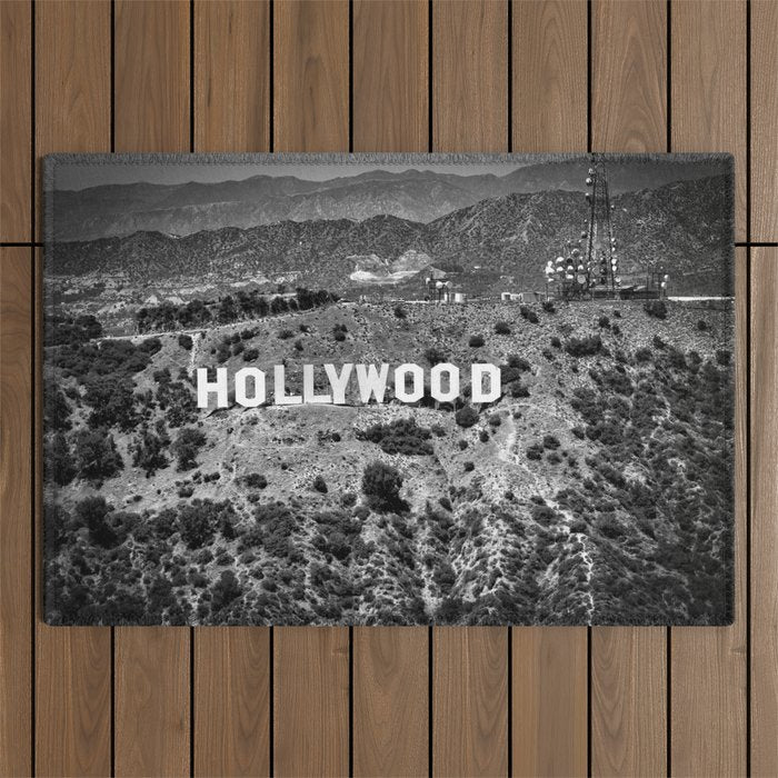 Hollywood Sign, Hollywood Hill, California landscape black and white photograph Outdoor Rug Gallery Image 1