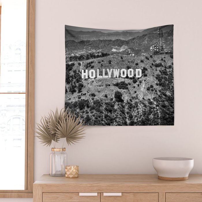 Hollywood Sign, Hollywood Hill, California landscape black and white photograph Wall Tapestry Gallery Image 2