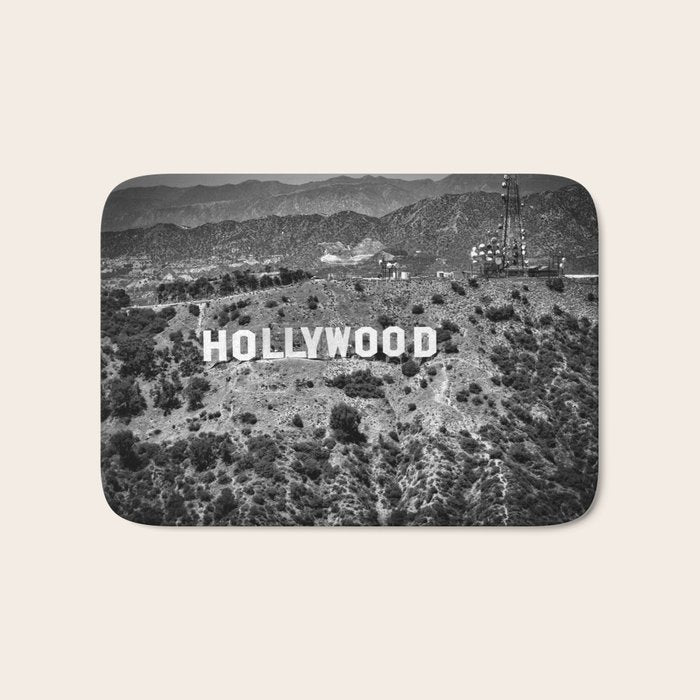 Hollywood Sign, Hollywood Hill, California landscape black and white photograph Bath Mat Gallery Image 1