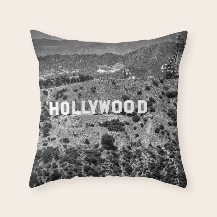 Hollywood Sign, Hollywood Hill, California landscape black and white photograph Throw Pillow Gallery Image 6