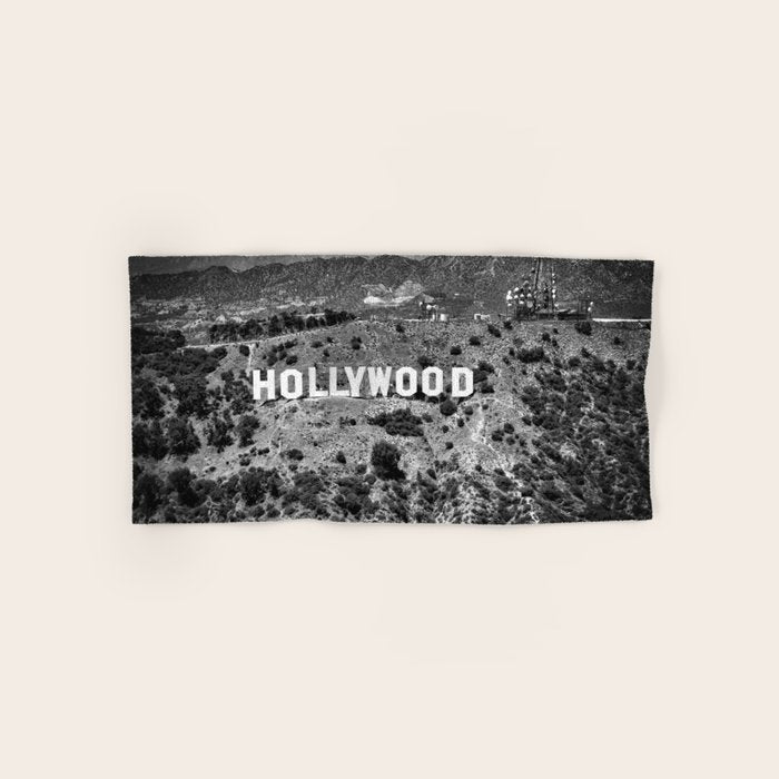 Hollywood Sign, Hollywood Hill, California landscape black and white photograph Bath Towel Gallery Image 1