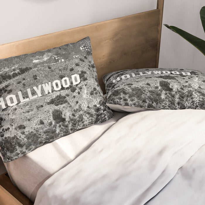 Hollywood Sign, Hollywood Hill, California landscape black and white photograph Pillow Sham Gallery Image 2