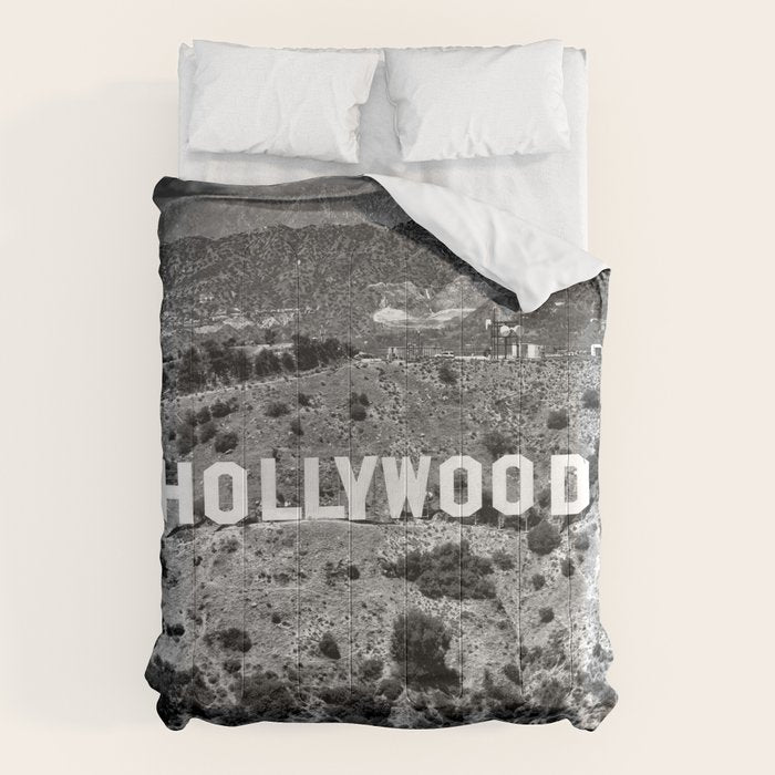 Hollywood Sign, Hollywood Hill, California landscape black and white photograph Comforter Gallery Image 1