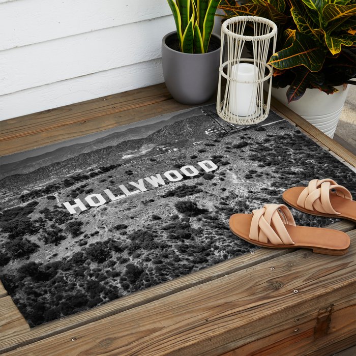 Hollywood Sign, Hollywood Hill, California landscape black and white photograph Outdoor Rug Gallery Image 2