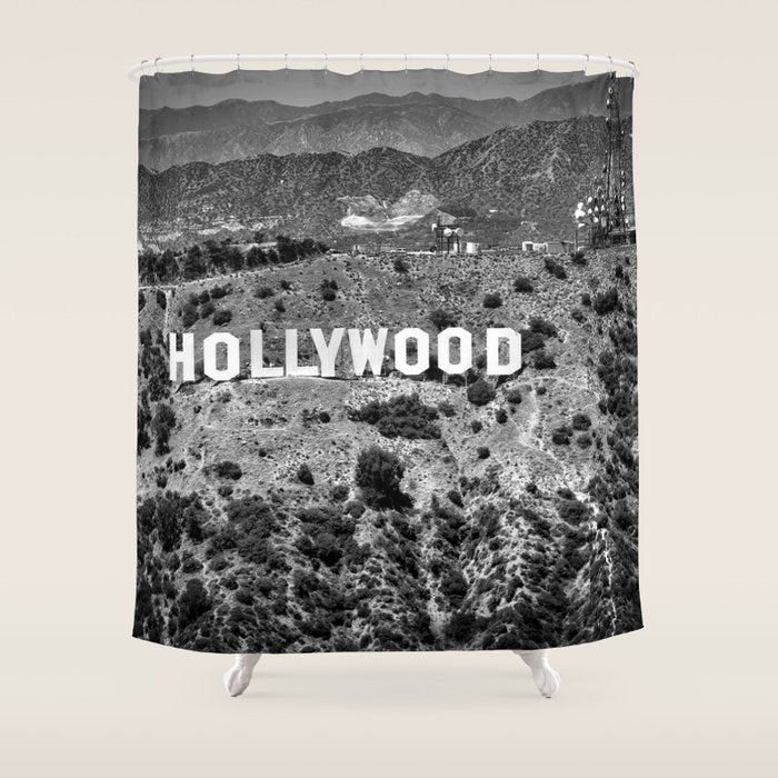 Hollywood Sign, Hollywood Hill, California landscape black and white photograph Shower Curtain Gallery Image 1