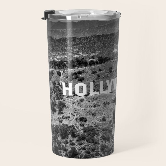 Hollywood Sign, Hollywood Hill, California landscape black and white photograph Travel Mug Gallery Image 3