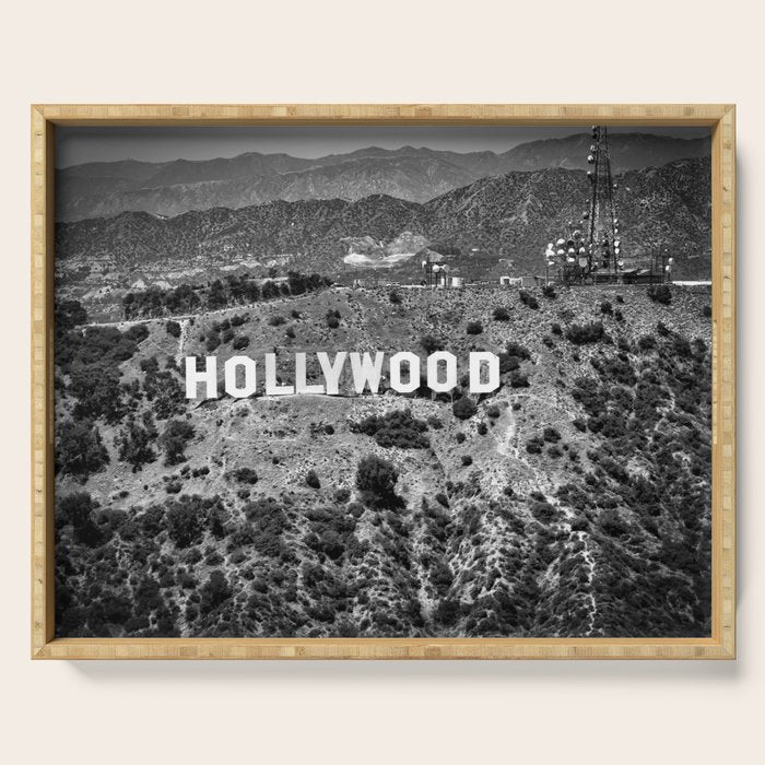 Hollywood Sign, Hollywood Hill, California landscape black and white photograph Serving Tray Gallery Image 1