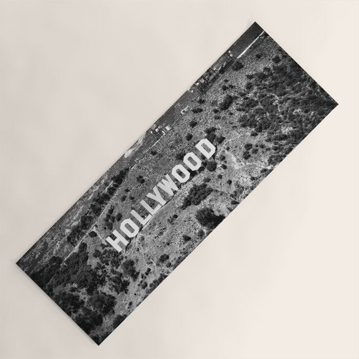 Hollywood Sign, Hollywood Hill, California landscape black and white photograph Yoga Mat Gallery Image 1