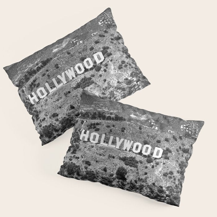 Hollywood Sign, Hollywood Hill, California landscape black and white photograph Pillow Sham Gallery Image 3