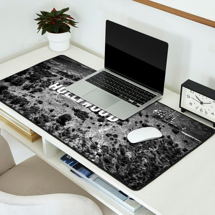Hollywood Sign, Hollywood Hill, California landscape black and white photograph Desk Mat Gallery Image 2