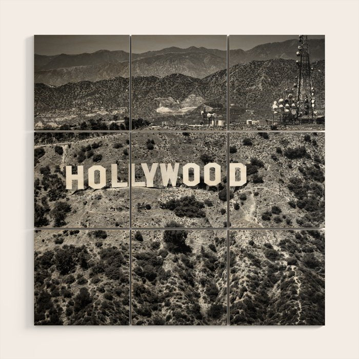 Hollywood Sign, Hollywood Hill, California landscape black and white photograph Wood Wall Art Gallery Image 1
