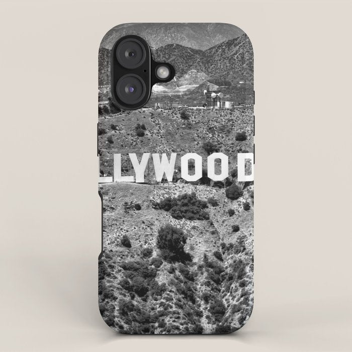 Hollywood Sign, Hollywood Hill, California landscape black and white photograph iPhone Case Gallery Image 1
