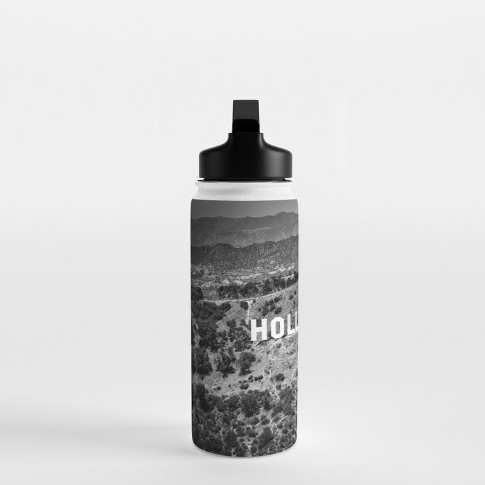 Hollywood Sign, Hollywood Hill, California landscape black and white photograph Water Bottle Gallery Image 3