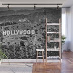 Hollywood Sign, Hollywood Hill, California landscape black and white photograph Wall Mural Gallery Image 1