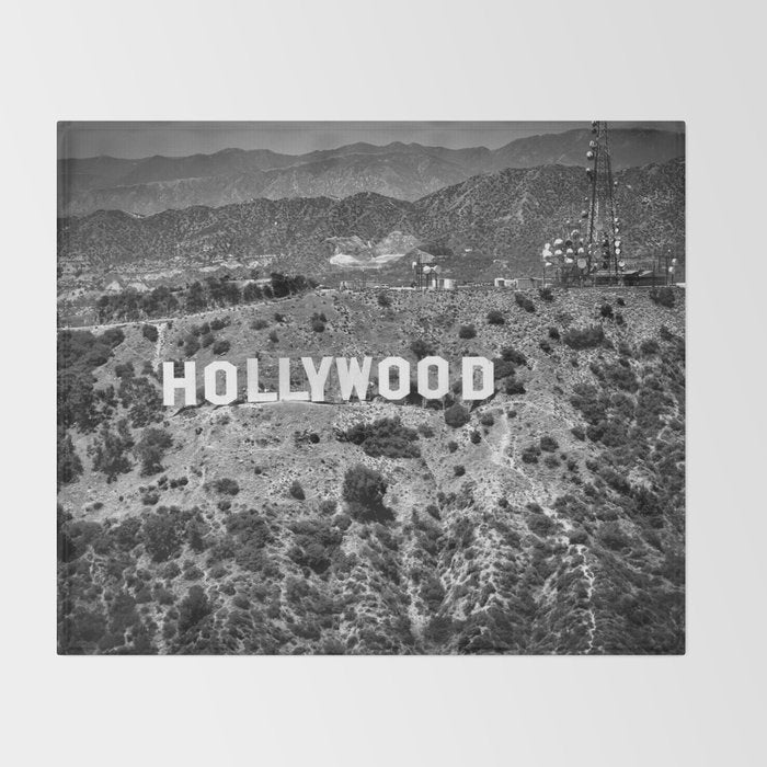 Hollywood Sign, Hollywood Hill, California landscape black and white photograph Throw Blanket Gallery Image 2