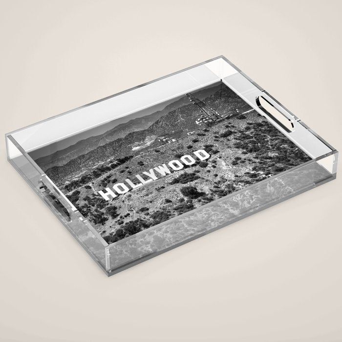 Hollywood Sign, Hollywood Hill, California landscape black and white photograph Acrylic Tray Gallery Image 1