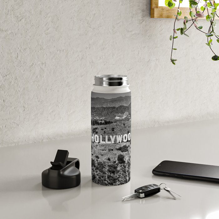 Hollywood Sign, Hollywood Hill, California landscape black and white photograph Water Bottle Gallery Image 4