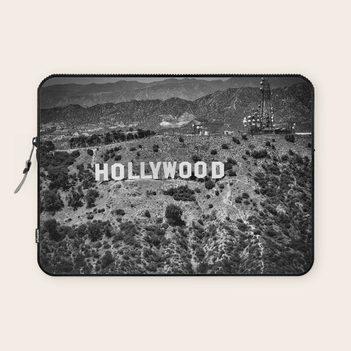 Hollywood Sign, Hollywood Hill, California landscape black and white photograph Laptop Sleeve Gallery Image 1