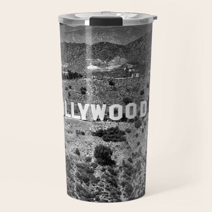 Hollywood Sign, Hollywood Hill, California landscape black and white photograph Travel Mug Gallery Image 1